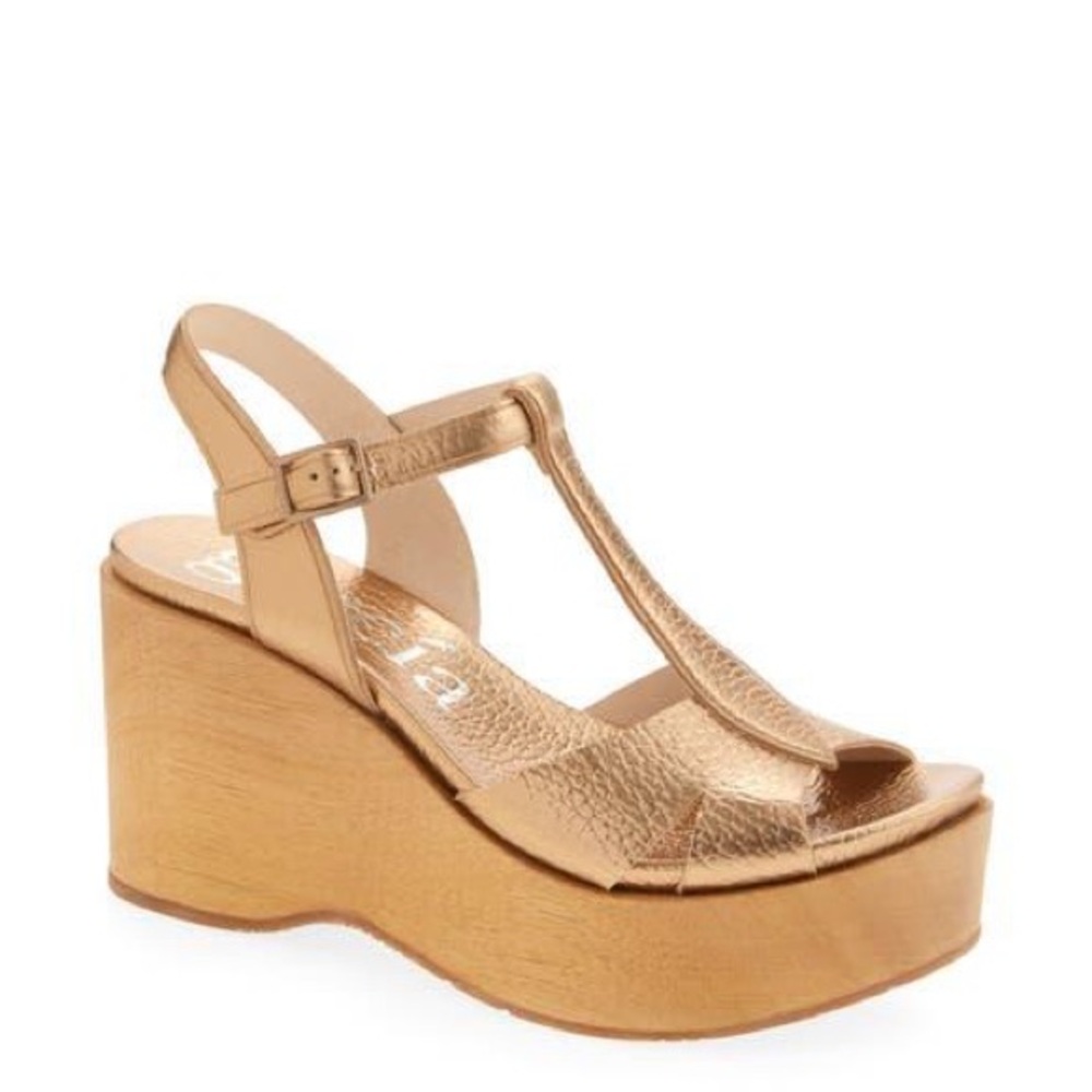 Pedro Garcia Metallic Gold Leather T-Strap Platform Wedge Sandals